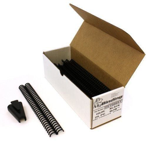Open box of black GBC 5/8" ProClick Spines with several spines and a closing tool displayed beside it.