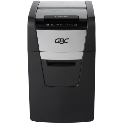 Front view of the GBC Stack and Shred 150X AutoFeed Level P-4 Cross-Cut Shredder, featuring a black and silver design with an automatic feed tray.