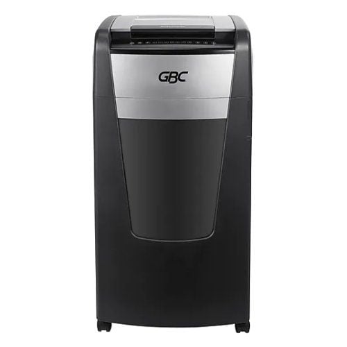 A front view of the GBC Stack and Shred 600X AutoFeed Level P-4 Cross-Cut Shredder, featuring a sleek black and silver design.