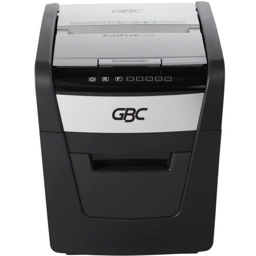 Front view of the GBC Stack and Shred 60X AutoFeed Level P-4 Cross-Cut Shredder, featuring a sleek black and silver design with an automatic feed tray.