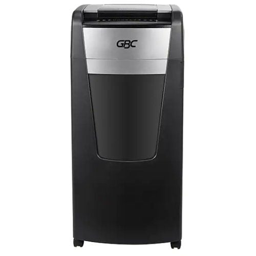 Front view of the GBC Stack and Shred 750X AutoFeed Level P-4 Cross-Cut Shredder, a sleek and efficient paper shredding machine.