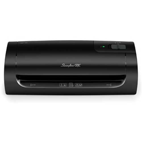 A black GBC Swingline Fusion 1000L 9" Laminator, featuring a sleek design with a paper entry slot and control buttons on the top.
