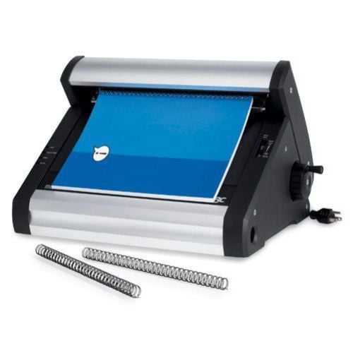 A GBC TL2900 Modular 12" Electric Wire Closer machine with a blue document being bound and two wire spines placed in front of the machine.