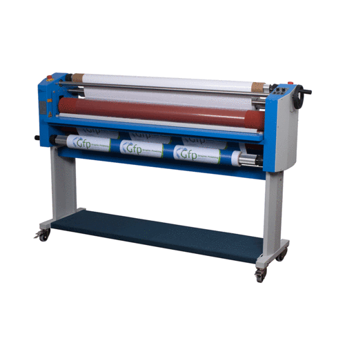 A GFP 355TH 55" Top Heat Laminator, featuring a blue and white body with multiple rollers for laminating materials. A GFP 355TH 55" Top Heat Laminator, featuring a blue and white body with multiple rollers for laminating materials.