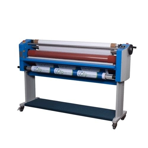 Blue and silver GFP 363TH 63" Top Heat Laminator with multiple rollers on a mobile stand.