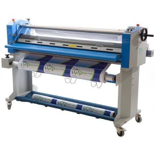 Front view of a GFP 563TH-4RS 63" Top Heat Laminator machine with rolls of material loaded, ready for lamination.
