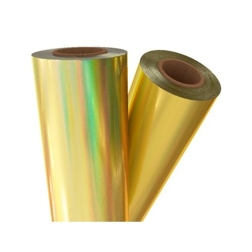 Two rolls of 24" x 500' Holographic Laminating Foil with a shiny, reflective gold surface and rainbow-like holographic effect.