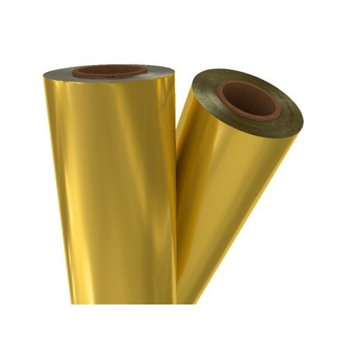 Two rolls of Gold Matte Metallic 12" x 100' Laminating / Toner Fusing Foil, showcasing a smooth and reflective finish.