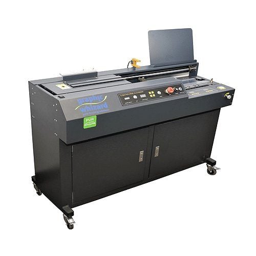 A Graphic Whizard 320B-PUR Perfect Binder, a professional-grade binding machine designed for creating high-quality bound books, featuring a sleek black exterior and user-friendly control panel.