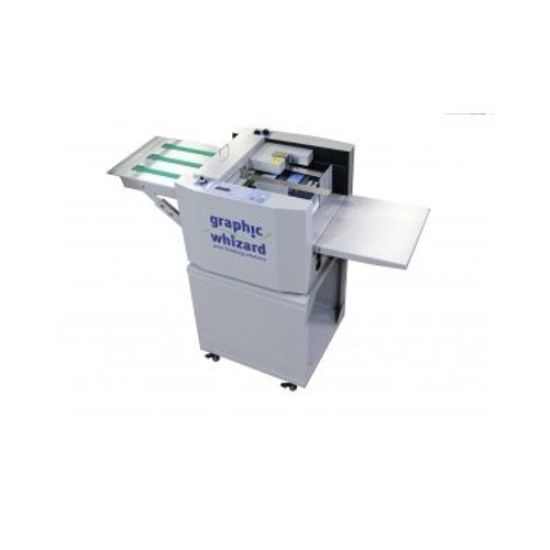 The Graphic Whizard PT-330PF Automatic Pile Feeder is a compact, white industrial machine with an extended input tray and output platform designed for efficient paper feeding.