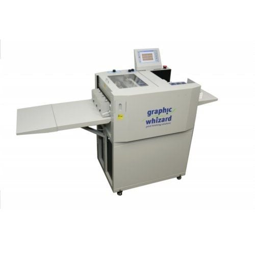 A compact and modern Graphic Whizard PT-331SCC Air Slitter/Cutter/Creaser/Perforator featuring an LCD control panel, fold-out trays, and a sleek white design for professional print finishing.