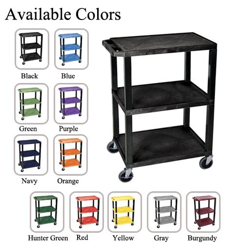 H. Wilson 3-Shelf Tuffy Utility Cart shown in black with nine additional color options displayed, including blue, green, purple, navy, orange, hunter green, red, yellow, gray, and burgundy.