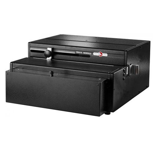 Rhin-O-Tuff HD6500 Onyx Heavy Duty Punch machine in a black, industrial design with a front drawer and adjustable punching mechanism.