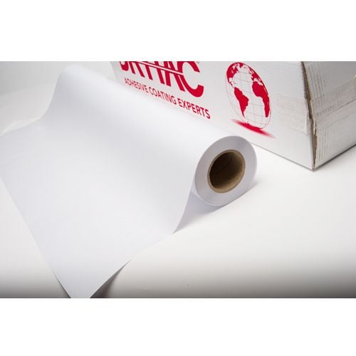 A roll of Interlam Lustre UV 4.0mil PS Overlaminating Film partially unrolled next to its packaging.
