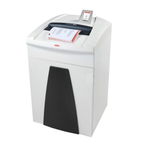 The HSM Securio P40c Level P-6 Cross-Cut High-Security Shredder, a professional-grade white and black paper shredder with a sleek design and advanced security features.