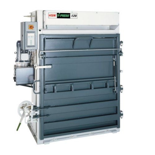 The HSM V-Press 820 Plus Vertical Baling Press, a heavy-duty machine designed for compacting recyclable materials efficiently.