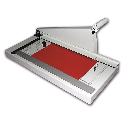 A James Burn Onglématic O3 Tab Cutter with 15° Angle Cut, featuring a red sheet of paper being precisely aligned and ready for cutting.