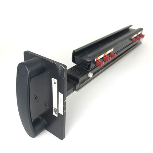 A James Burn DocuPunch Plus Die Set featuring multiple adjustable red clips and a black handle for use with automated punching machines.