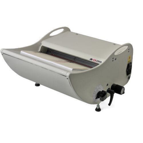 James Burn Lhermite EB3500 14" Electric Wire Closer machine, featuring a compact, white design with a manual adjustment knob on the side and a paper insertion slot on the front.