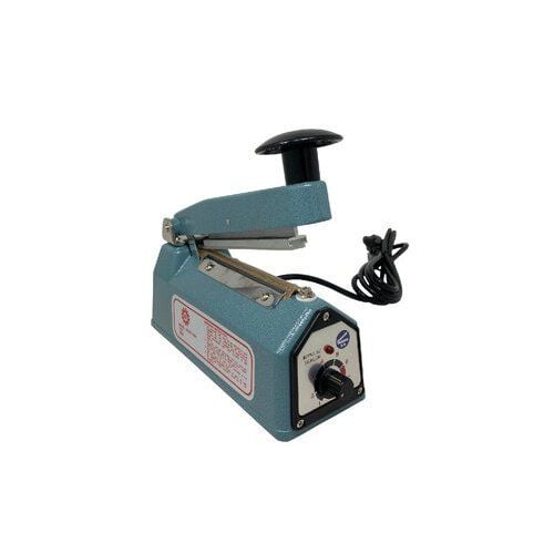 A SealerSales KF-100H Blue 4" Hand Sealer with 2mm Seal Width, featuring a compact blue metal body, black handle, power cord, and adjustable temperature control knob.