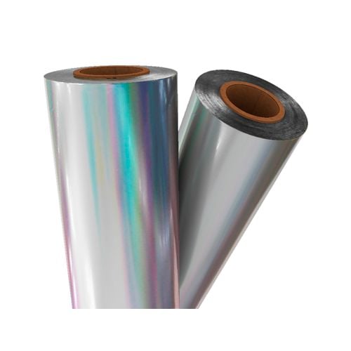 Close-up of Silver Holographic Laminating / Toner Fusing Foil rolls showcasing their reflective, iridescent finish.