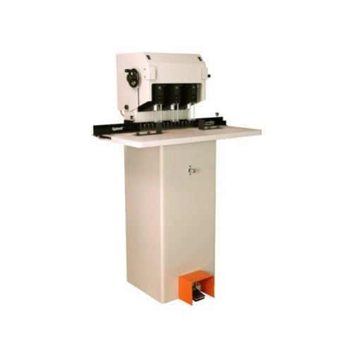 A Spinnit FMMH-3 Hydraulic Three Spindle Paper Drill, featuring a three-spindle design with a sturdy base and foot pedal for efficient paper drilling tasks.