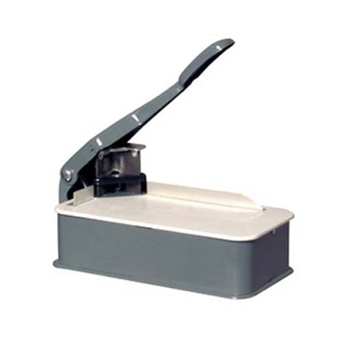 A Lassco Wizer Cornerounder CR-20 Corner Rounder is a compact manual machine with a raised handle and a rectangular base, ideal for rounding corners on small to medium-sized materials.