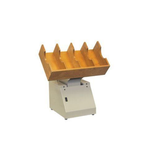 Lassco Wizer LasscoJog LJ-6 Multi Bin Paper Jogger with a wooden multi-slot bin on a sturdy, angled metal base designed for organizing and aligning paper stacks.