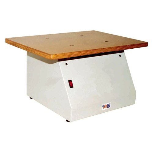 A Lassco Wizer LasscoJog LJ-8 Flat Top Paper Jogger with a sturdy wooden platform and a sloped white base, designed for aligning and organizing stacks of paper. A Lassco Wizer LasscoJog LJ-8 Flat Top Paper Jogger with a sturdy wooden platform and a sloped white base, designed for aligning and organizing stacks of paper.