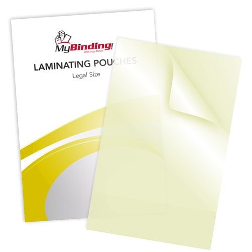 Transparent Legal Size Sticky Back Laminating Pouches with a glossy finish, perfect for protecting and displaying documents.