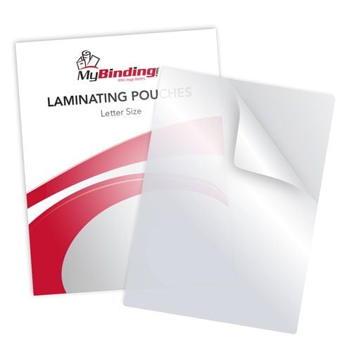Transparent Letter Size 9" x 11.5" Laminating Pouches displayed with packaging and a sample pouch partially peeled back.