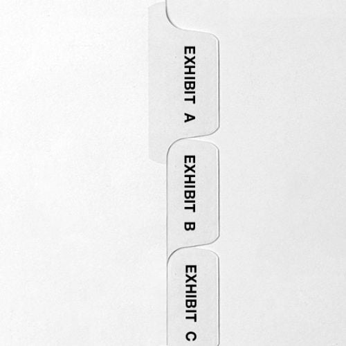 Avery-style collated exhibit letter size side tab legal indexes labeled "EXHIBIT A," "EXHIBIT B," and "EXHIBIT C," designed to organize documents from EXHIBIT A to EXHIBIT Z.