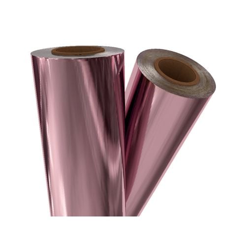 Two rolls of Light Pink Metallic Laminating / Toner Fusing Foil with a shiny, reflective finish, ideal for enhancing print designs.