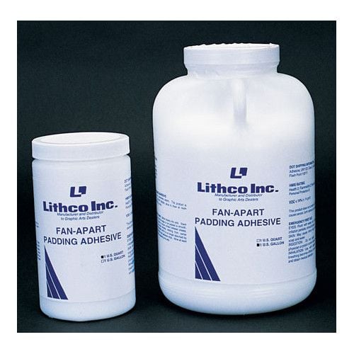 Two containers of Clear Fan-A-Part Padding Adhesive from Lithco Inc., displayed in different sizes for versatile use.