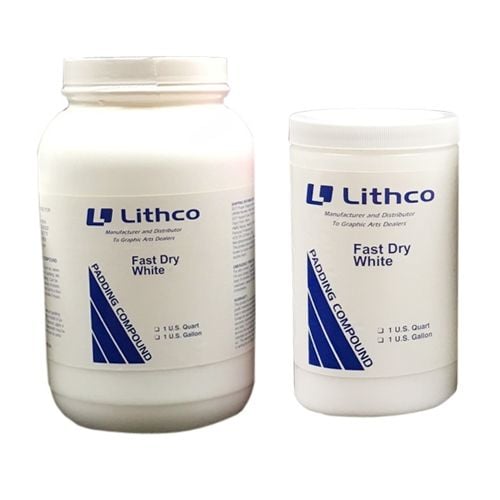 Two containers of Lithco Fast Drying White Padding Compound in quart and gallon sizes.