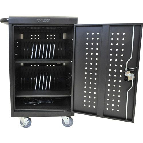 The Luxor Black 30 Tablet and Laptop Computer Charging Cart provides ample storage and efficient charging capabilities for up to 30 devices, perfect for classrooms and offices.