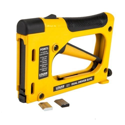 A yellow Logan F500-2 Picture Framing Dual Drive Elite tool with a black grip, designed for securing points in picture frames, shown alongside two replacement points on a white background.