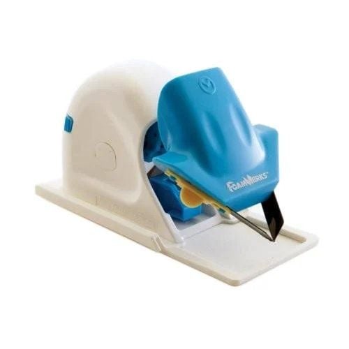 A Logan FoamWerks WC Series Foam Board Cutter with replacement blade, featuring a compact design with a blue handle and white base for precise foam board cutting.