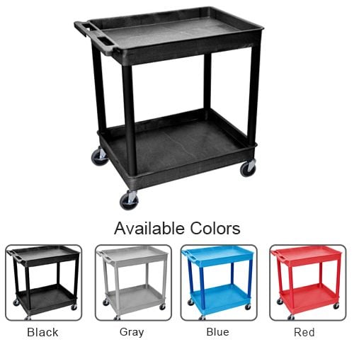 Luxor 2-Shelf Large Tub Utility Cart in four color options (black, gray, blue, and red), featuring a sturdy plastic construction with two spacious shelves, rolling casters, and a side handle for easy maneuverability.