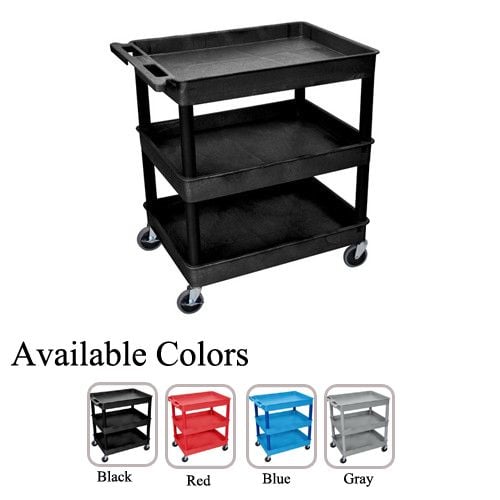 Luxor 3-Shelf Large Tub Utility Cart with three deep black shelves, sturdy legs, and rolling casters, displayed alongside color options in black, red, blue, and gray.