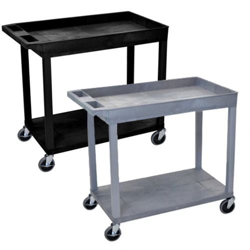 Two Luxor 32" x 18" 1-Tub/1-Flat Shelf Utility Carts, one in black and one in gray, with caster wheels for easy mobility.