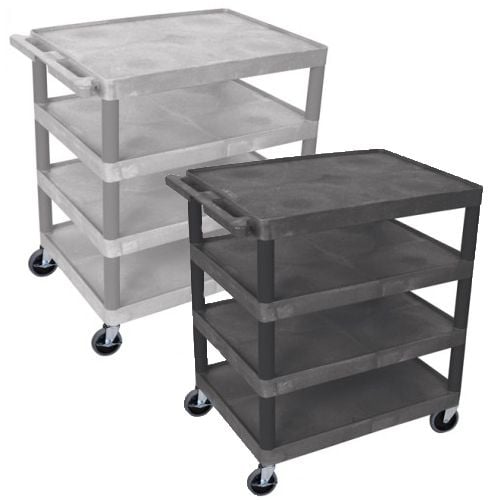 Two Luxor 32" x 24" 4-Flat Shelf Molded Plastic Utility Carts, one in a dark gray finish and the other in a light gray finish, featuring sturdy construction with smooth-rolling casters and four evenly spaced flat shelves.