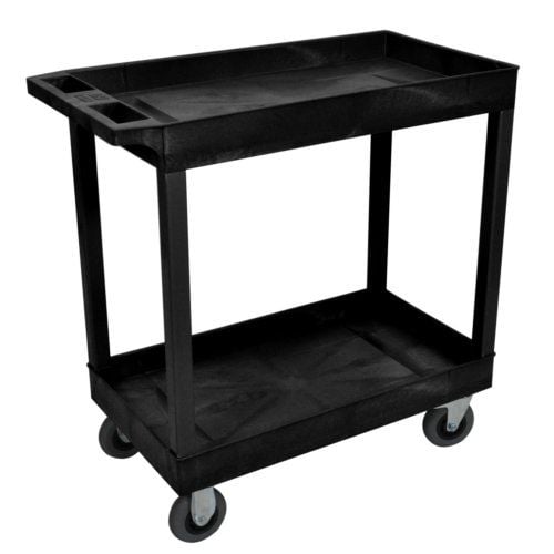 A black Luxor 32" x 18" 2-Tub Shelf Utility Cart with semi-pneumatic casters, featuring two spacious shelves for transporting items.