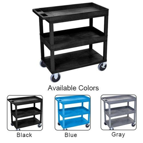 Luxor 32" x 18" High Capacity 2-Tub/1-Flat Bottom Shelf Utility Carts available in black, blue, and gray.
