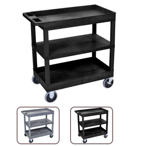 Luxor 37.25" High 2-Tub/1-Flat Middle Shelf Utility Carts in black, featuring three shelves and durable wheels for easy mobility.