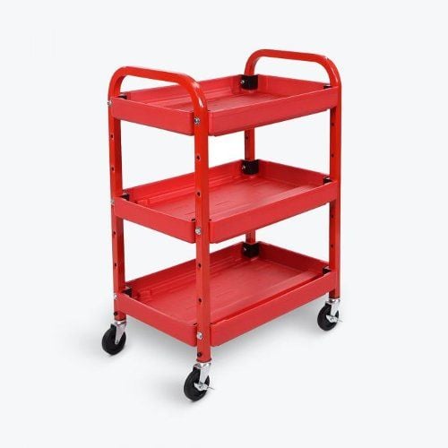 A bright red Luxor ATC332 Red Adjustable-Height 3-Tub Shelves Utility Cart with three spacious tub-style shelves and black swivel caster wheels on a plain white background.