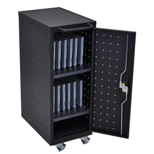 The Luxor Black 12 Tablet and Laptop Computer Charging Cart provides secure and efficient charging for up to 12 devices, with a sleek design ideal for any workspace.