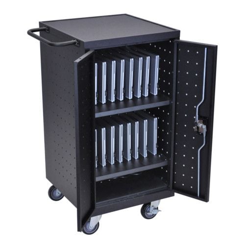 The Luxor Black 18 Tablet and Laptop Computer Charging Cart offers a durable and efficient solution for charging and securing up to 18 devices in any professional or educational environment.