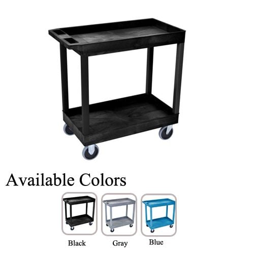 A black Luxor 32" x 18" High Capacity 2-Tub Shelf Utility Cart with four wheels and two spacious shelves, shown alongside color options in gray and blue.