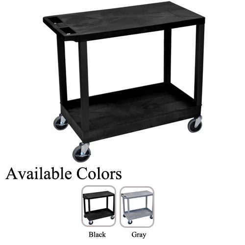 A black Luxor 32" x 18" 1-Flat/1-Tub Shelf Utility Cart with two shelves, swivel casters, and a sturdy rectangular frame, shown with color options in black and gray.